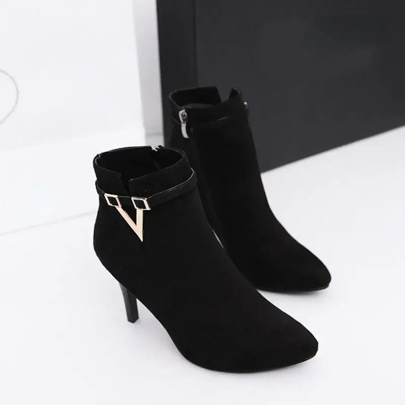 Herbst Stiletto Dünne Hohe Absätze Frau Spitzschuh PU-Leder Reißverschluss Sexy Knöchel Damenstiefel