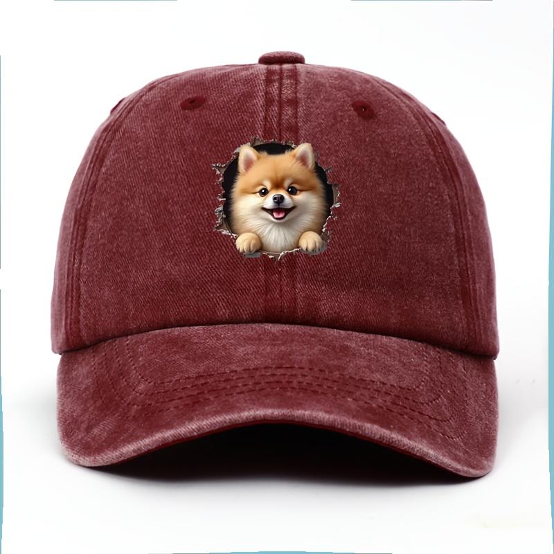 A Realistic And Adorable D Pomeranian Dog Baseball Cap for Women Featuring a Cute Plush Pet Peeking Through a Wall Window Des