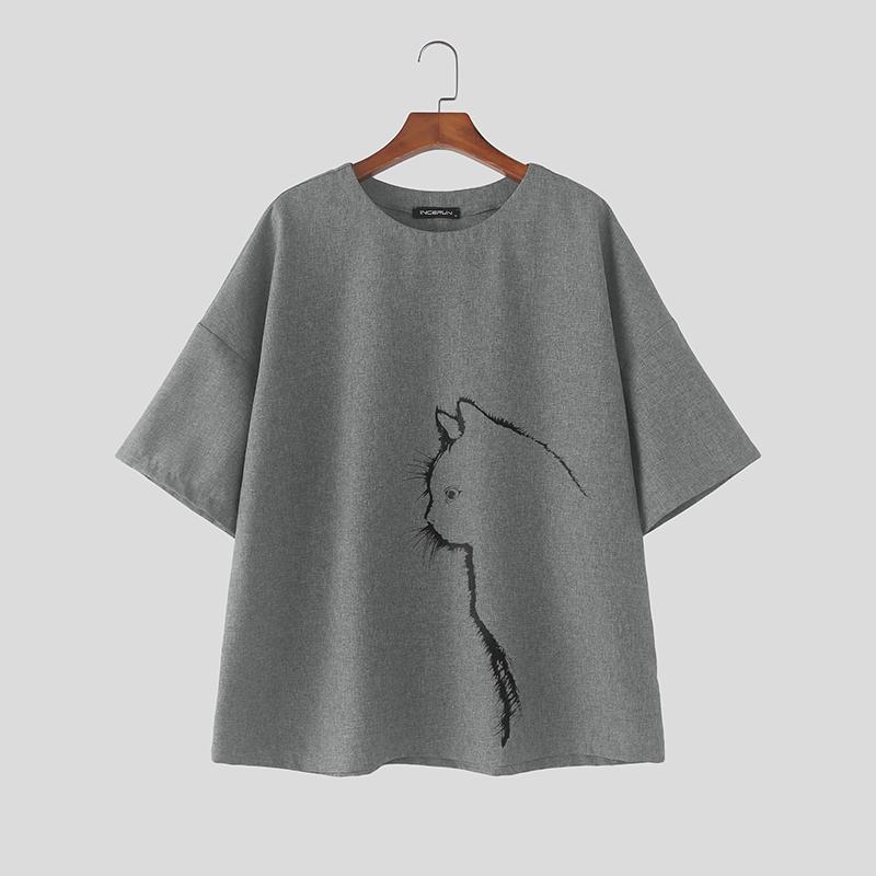 INCERUN Men Oversized O Neck Short Sleeve Print Casual Loose Fit T-shirts Tops College Style