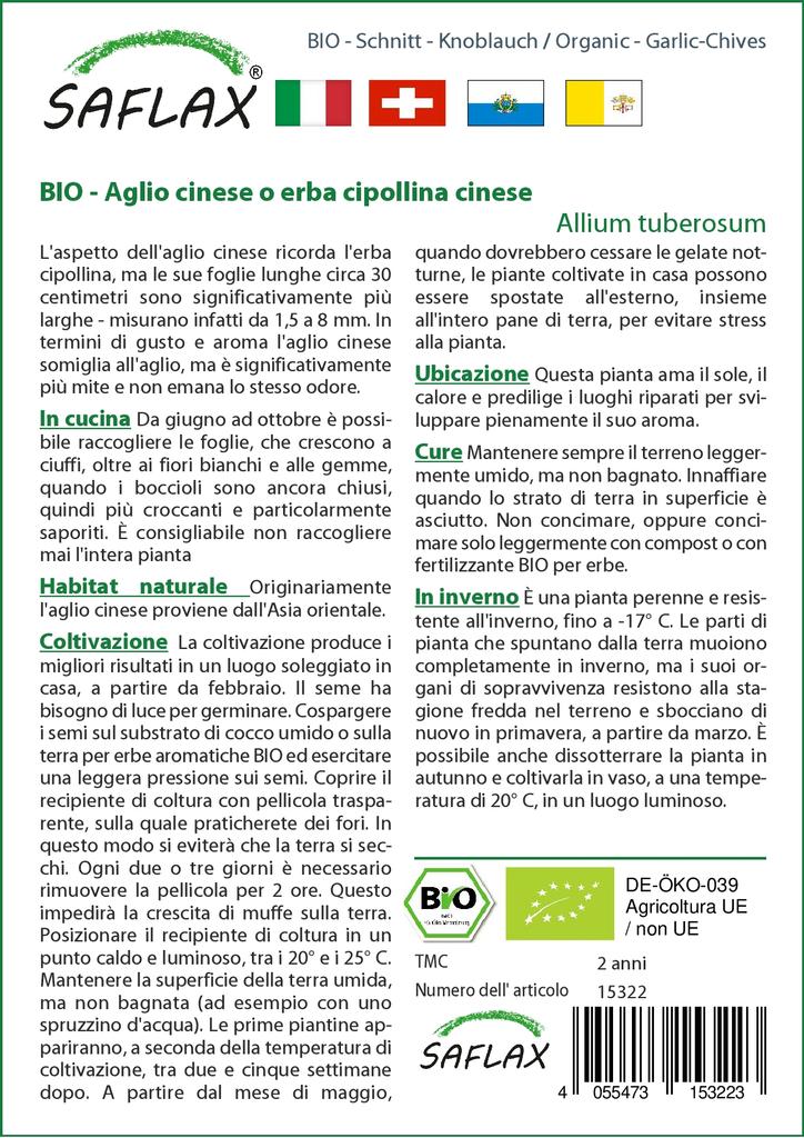 SAFLAX Garden In the Bag - Organic - Garlic-Chives - 100 Seeds - With Substrate In a Fitting Stand Up Bag - Allium Tuberosum