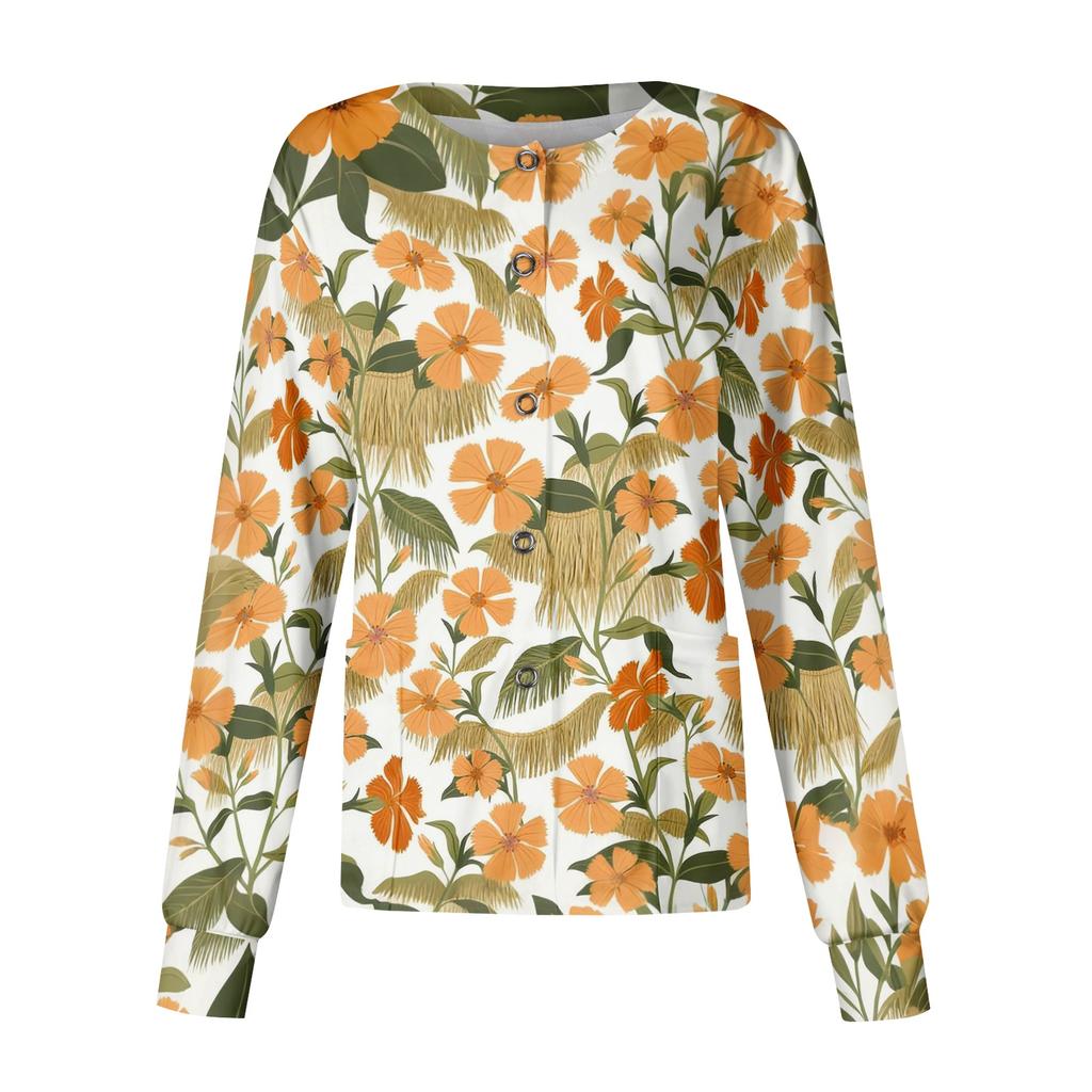 Women's Casual Long Sleeve Single Breasted Hawaiian Floral Print Nurse Jacket Cardigan Top Lightweight Comfortable Workwear