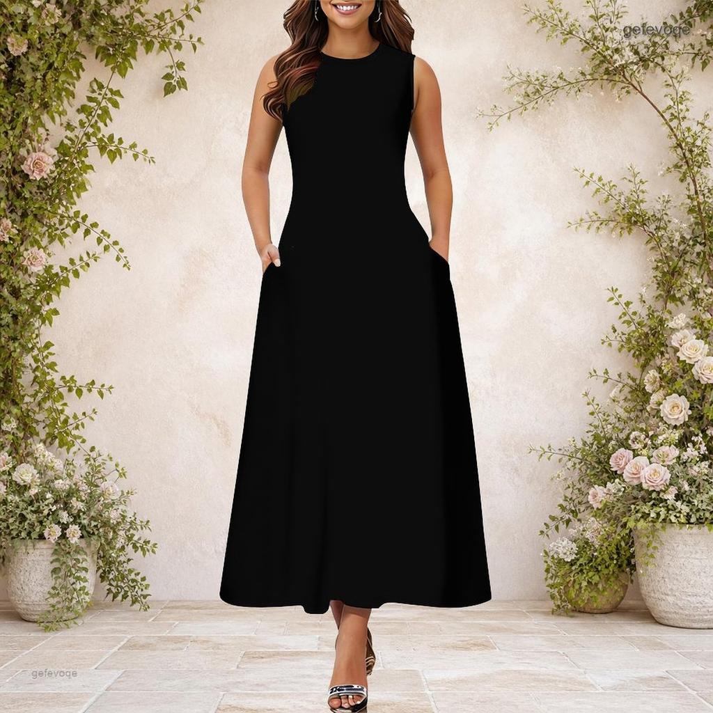 Rochie Maxi A-Line Imprimată Fără Mâneci cu Gât Rotund pentru Femei Mărimi Mari cu Buzunare Laterale