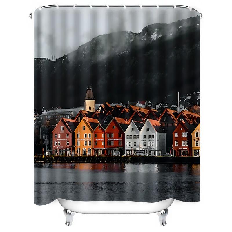 

Elegant Scandinavian Style Shower Curtain With Stunning Mountain And Colorful House Scene Suitable For Wet And Dry Separation W60H190(CM)-1 Pcs