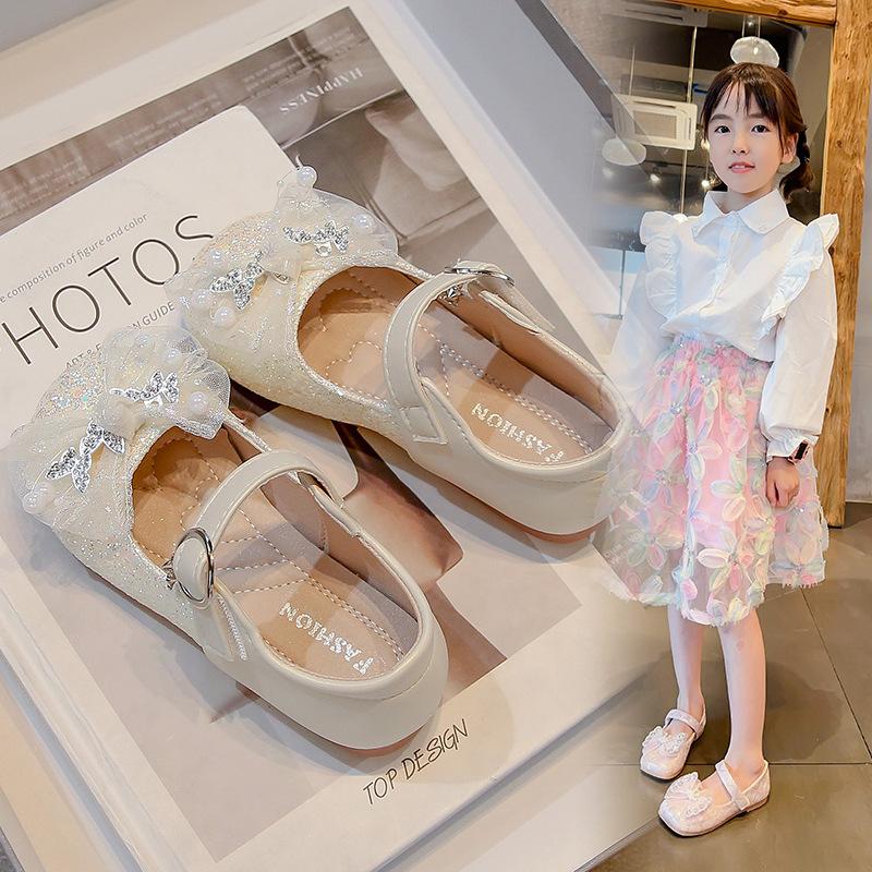 Kids Glitter Bow Decor Non Slip Mary Jane Princess Shoes 23