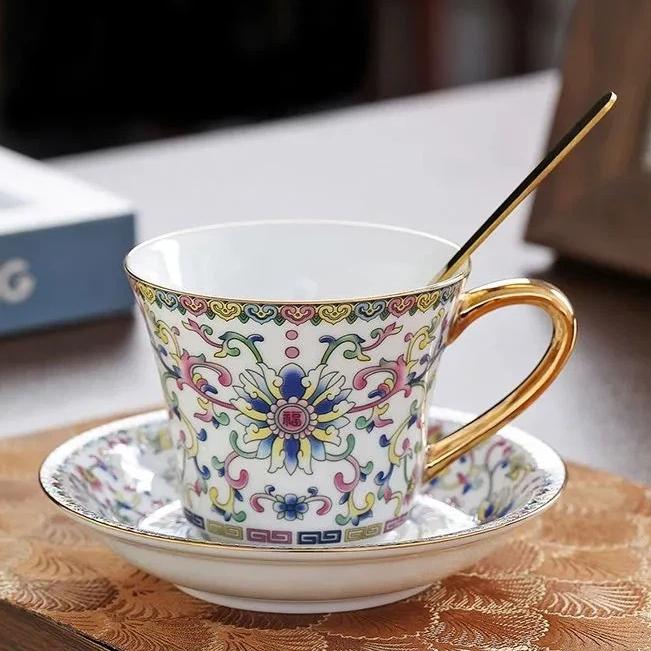 European Enamel Ceramic Coffee Cup & Saucer Set, Elegant Afternoon Tea Cup Set