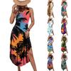 Damen Freizeit Lässiges Ärmelloses Maxikleid Hawaiianischer Blumenprint Sommer Strandmode Langes Kleid mit Seitenschlitz