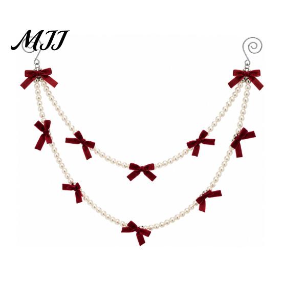 Burgundy Velvet Bow Decoration Christmas Faux Pearl Garland, 2 Layers Beads Decorative Bead Garland Hanging String Strand for Tree, Wreath, Fireplace,