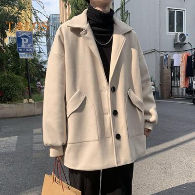 Men Woolen Coat Lapel Long Sleeve Single Breasted Windbreaker Solid Color Loose Fit Mid-length Coat with Pockets Formal Wear