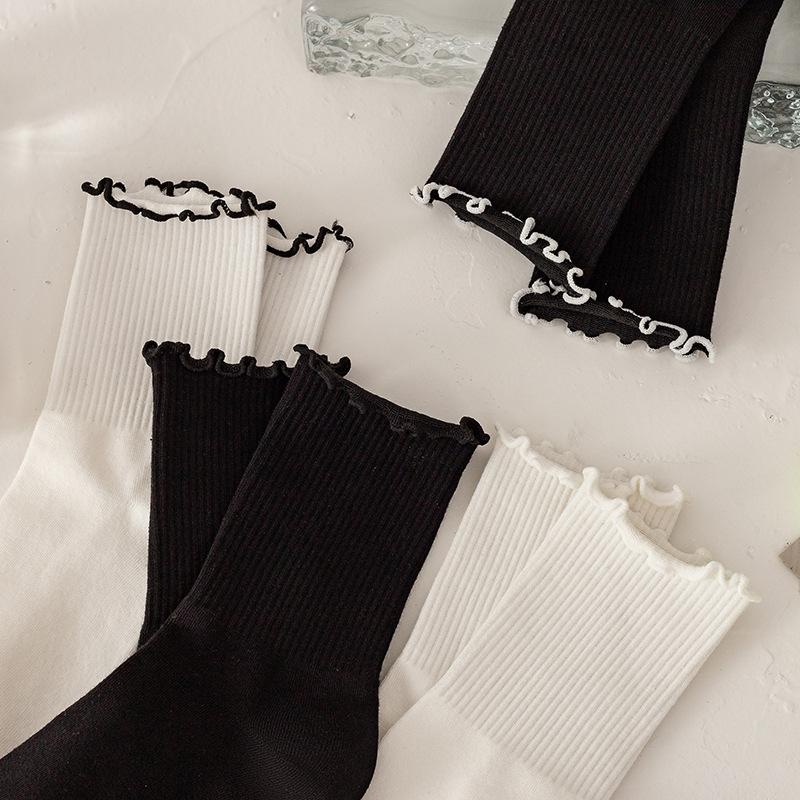 Female Spring and Summer Simple Pure Color Fungus Edge College Wind Breathable Tube Cotton Socks