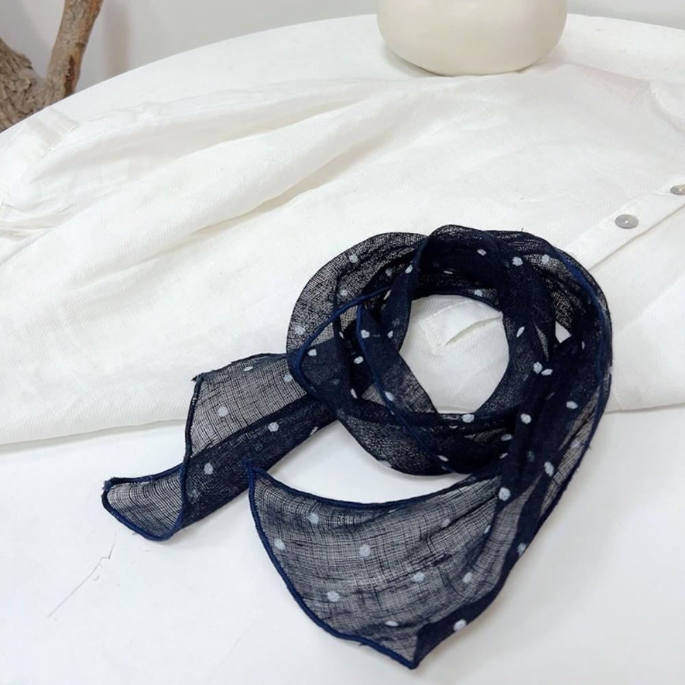 Summer Navy Blue Polka Dot Small Neck Tie Printing Linen Women's Long Scarf 10*103cm Striped Small Silk Scarf Neck Protection