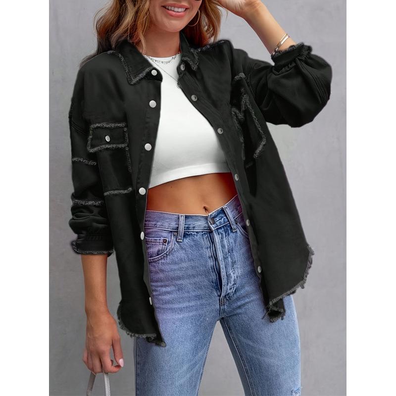 2026 European and American Style Raw Edge Ladies Casual Denim Jacket with Practical Pockets