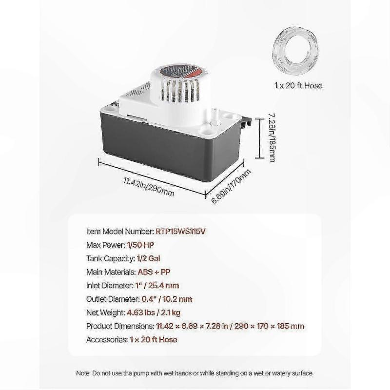 Automatic Condensate Pump, 1/50 HP, 65 GPH, 15ft Lift, 0.5 Gal Tank, Float Switch for AC Condensation Removal