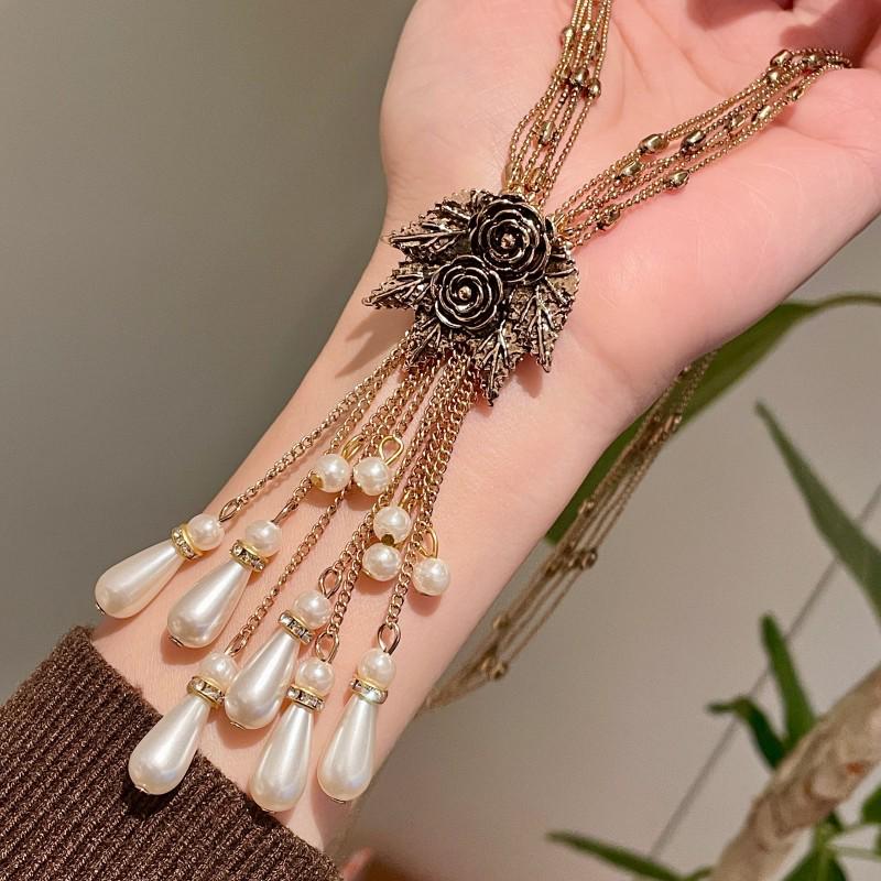 Vintage Pearl Drop Tassel Earrings & Rose Flower Necklace Set