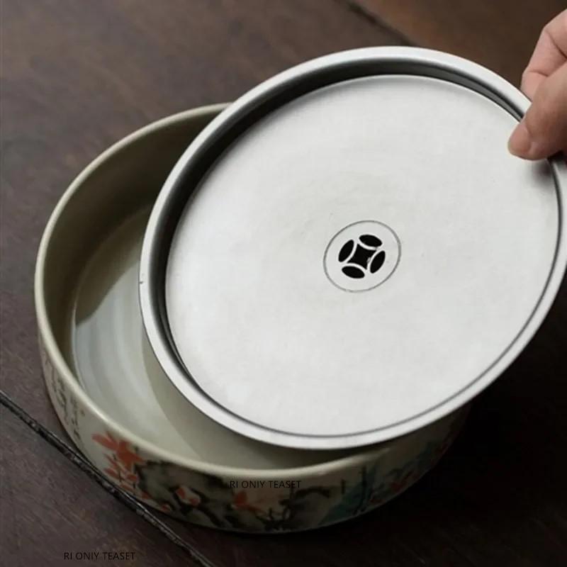 Round Ceramics Tea Tray Drainage Water Storage Tray Household Pot Bearing Teapot Teacup Mat Chinese Tea Set Decors Accessories