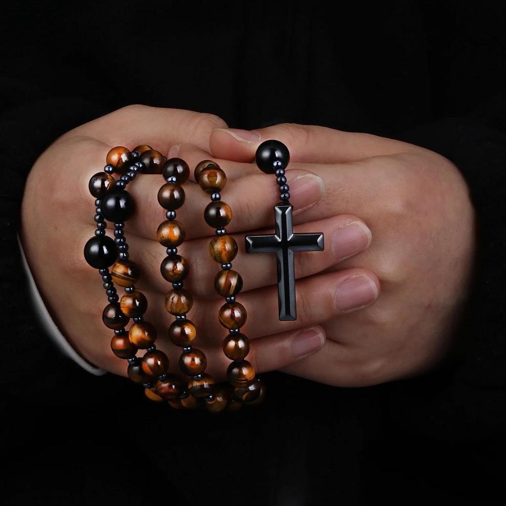 Catholic Natural Tiger Eye Stone Black Agate Rosary Beads Necklace Hematite Cross Pendant Necklace Women Men Christ Mala Jewelry