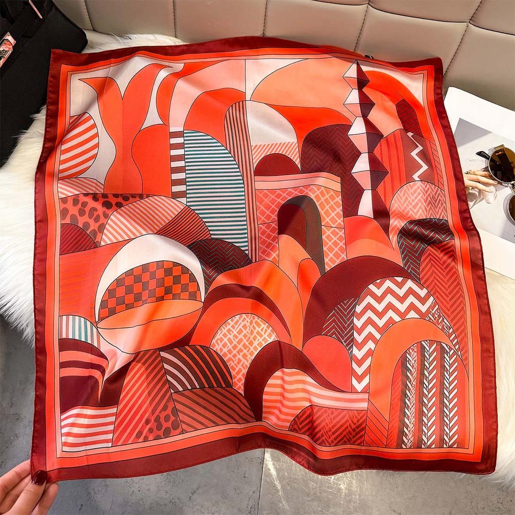 Light luxury three-dimensional geometric printing medium square scarf imitation silk contrasting color silk scarf trendy cool wear decorative neck sca
