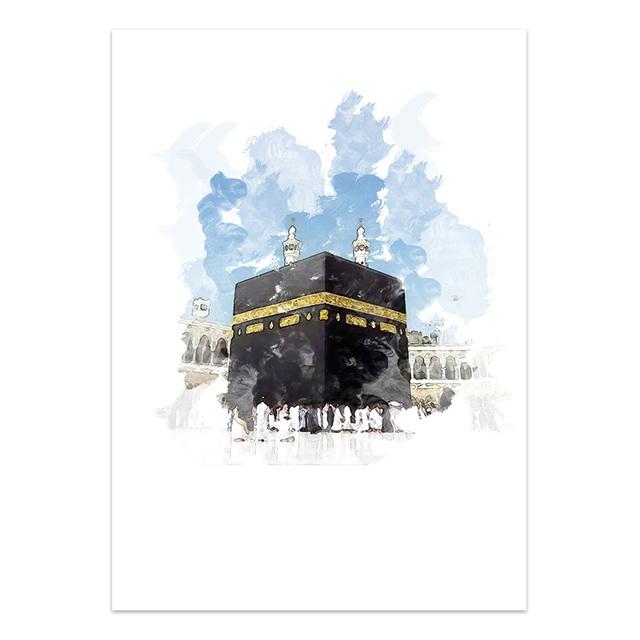 Islamisches Gebäude Moschee Kaaba Leinwand Poster Landschaft Religion Aquarelle Dekorative Malerei Moderne Bilder Wohnzimmer Dekor