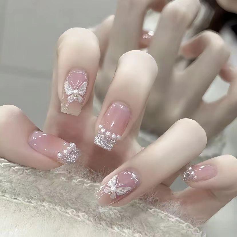 24Pcs Pink French Tip Acrylic Press On Nails Short Ballerina Shape With 3D Bows Pearls And Chains Full Cover Manicure Set