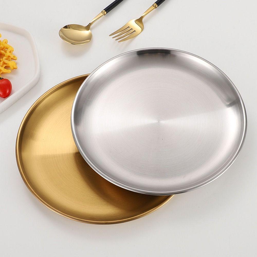 Cake Plate Reusable Picnic Dinner Plate 14/17/20/23/26cm Stainless Steel Dining Tray Round Shape Stackable Dessert Plate Hiking