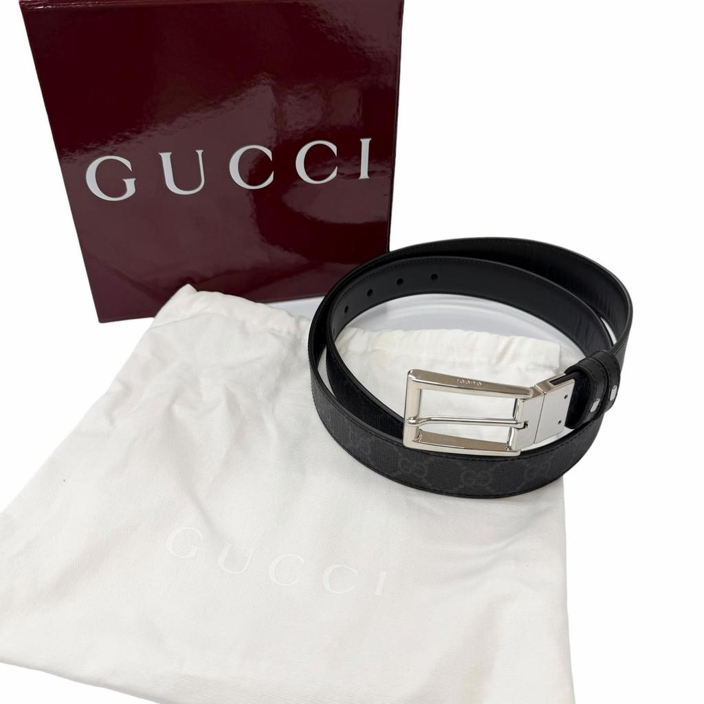 Pristine GUCCI Belt Reversible with Square Buckle Black Leather Mens 771105 Used