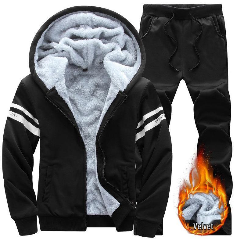 

Мужской худи с флисовой подкладкой и джоггеры большого размера - Осенняя спортивная одежда Свободный крой XL чёрный