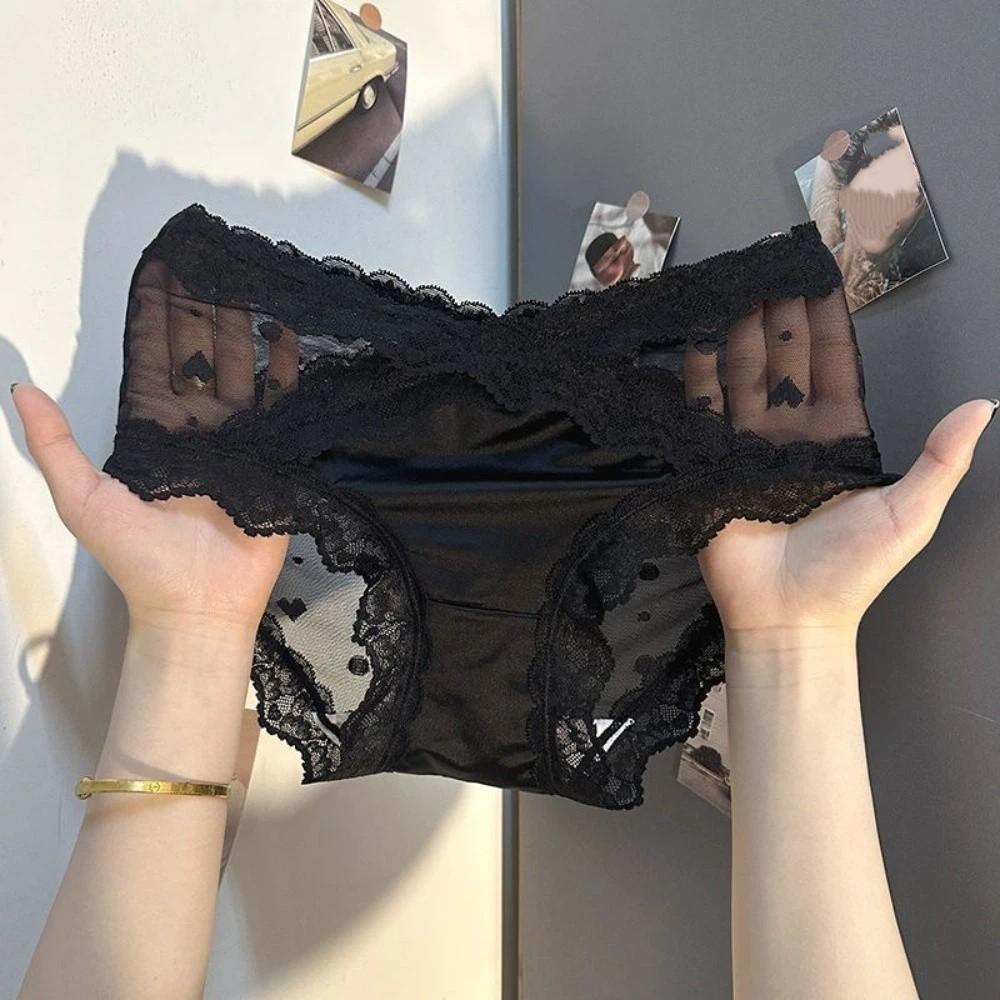 Transparent Lace Flower Panties Satin Silk Lace Mesh Briefs Lingerie French Style Briefs  Gifts