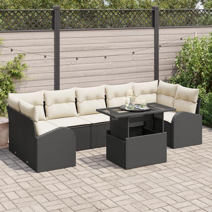 Ensemble de Canapés de Jardin 8 pièces avec Coussins Noir Rotin Poly, Canapé de Jardin 2 places avec Rangement et Coussins 3357330