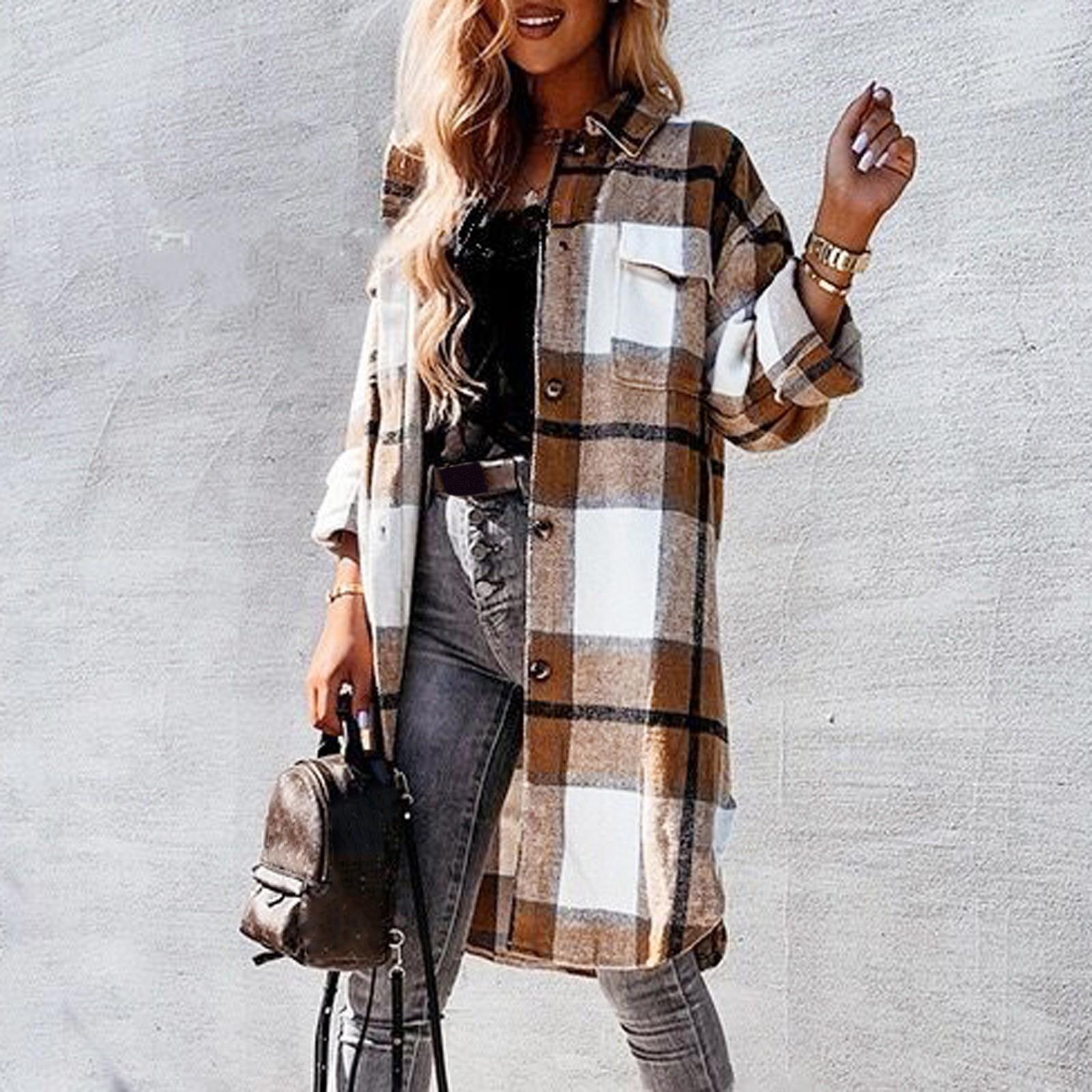 

Женские клетчатые кардиганы с карманами и нашивками в стиле пэчворк, пальто с длинными рукавами и открытой передней частью S хаки