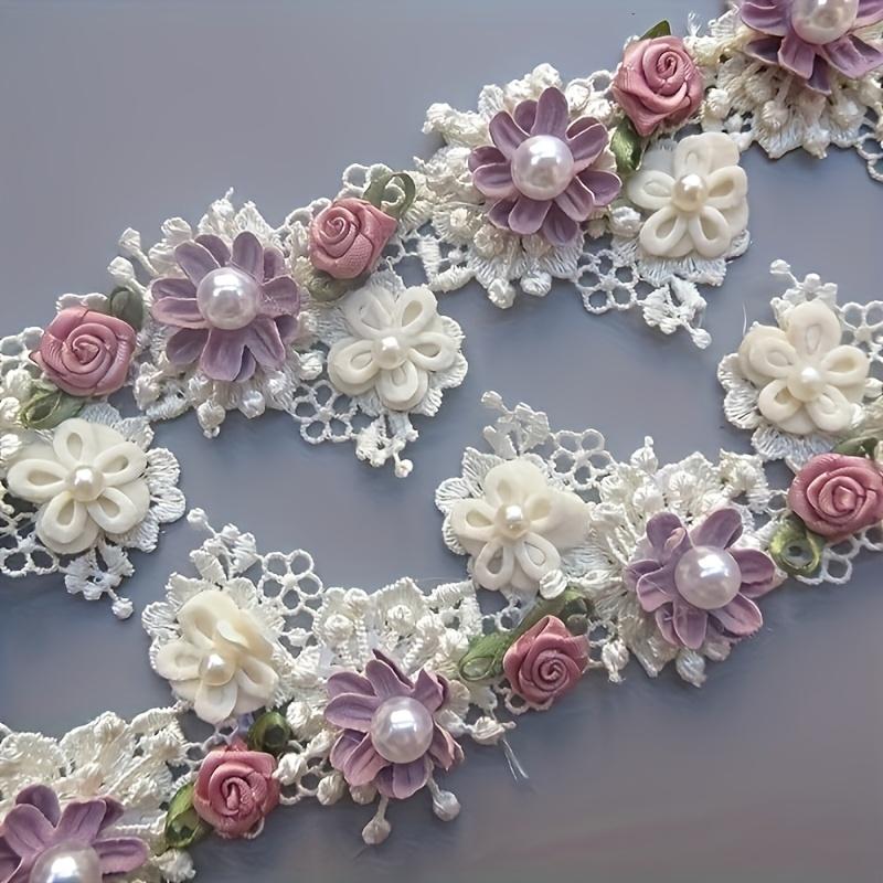 1 Yarda Elegante Cinta de Encaje de Perlas y Flores - Adorno de Encaje Versátil para Manualidades DIY, Vestidos de Boda y Decoraciones Navideñas