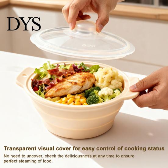 High Temperature Safe Kitchen Tool Foldable Silicone Microwave Steamer, Collapsible Steamer Bowl, Splash Proof Steaming Lid Heat-Resistant Food-Grade