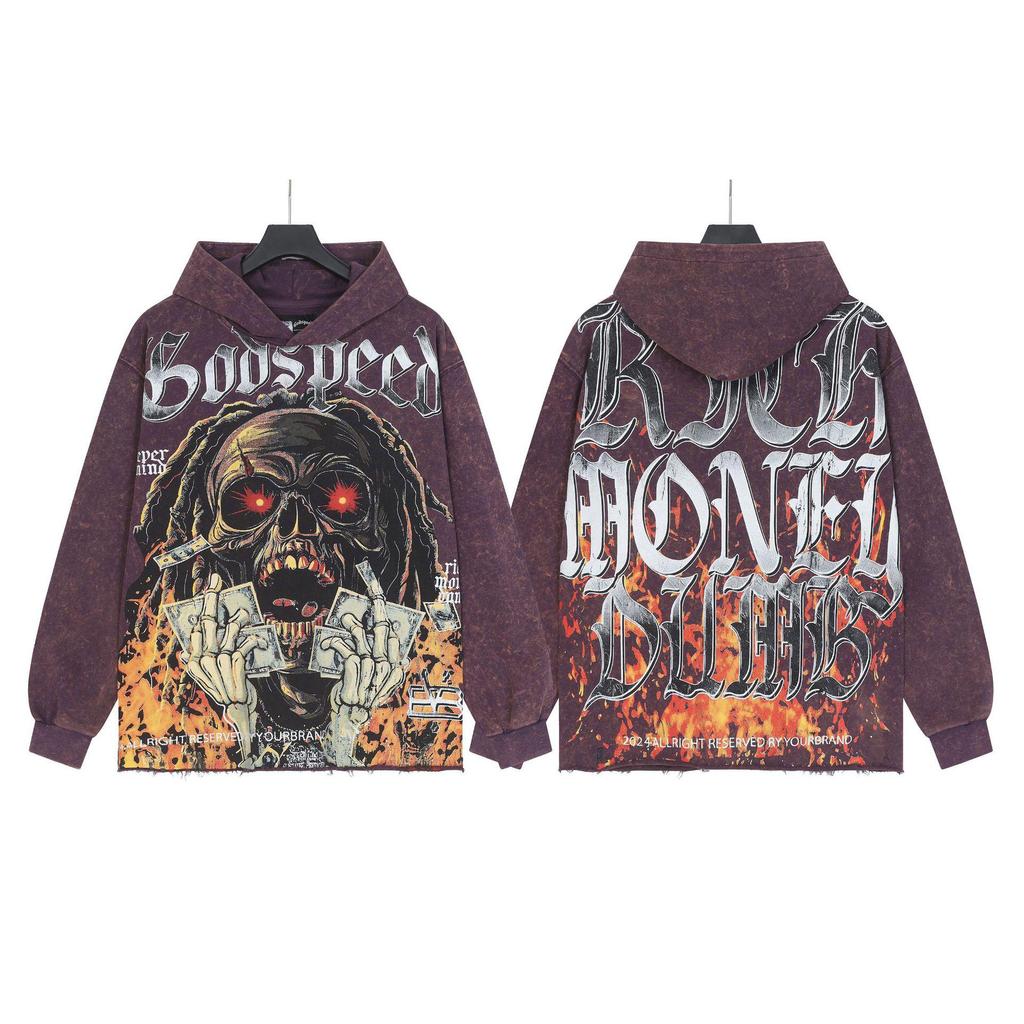 God Bless America Retro Rock Street Print Washed Hoodie - Casual Loose Fit