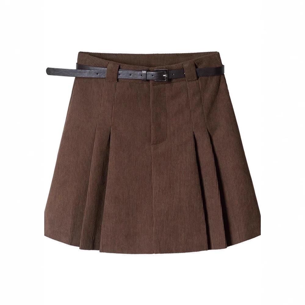 Autumn Corduroy High-Waist Pleated A-Line Mini Skirt for Women