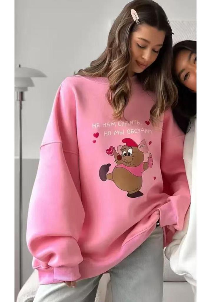 2024 Women's Retro Color Block Round Neck Hoodie - Autumn Lazy Style with Cute Print