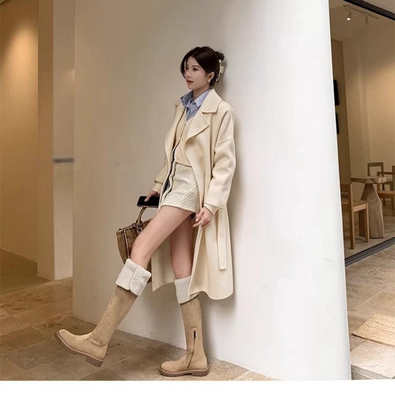 Eversion mocka lammull plattbottnade riddarstövlar 2025 höst och vinter nya förtjockade mångsidiga sammet snö knästövlar dam