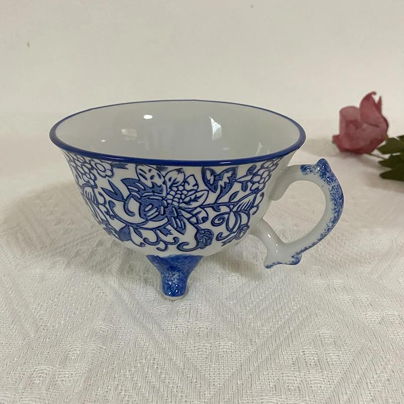 

British coffee cup hand-painted underglaze blue and white three legged cup retro tea cup personalized creative water cup 201-300ml