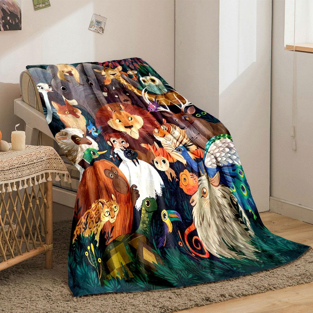 A colorful gathering of various animals and a person in a forest setting. for all seasons blanket lunch break throw gift
