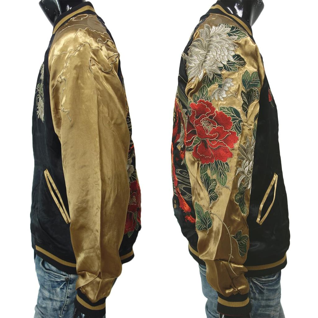 Karakuridama Reversible Sukajan Jacket with and Peony 253063 Kirin, Chrysanthemum, Embroidery, Men's, (JP, Alphabet, LL, Black/Col20)