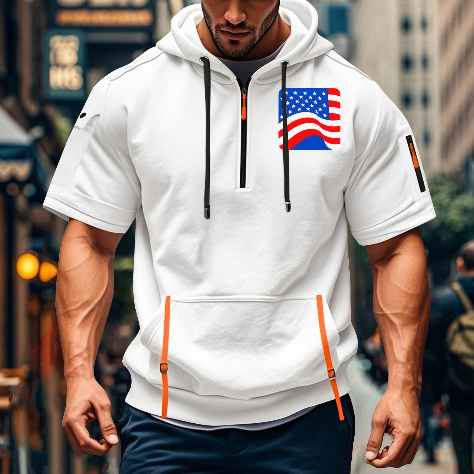 Men s Summer Shirt Print Zipper Pocket Short Sleeve Hooded Sweatshirt Men s Sports Large Size Casual Sweatshirt XL белый