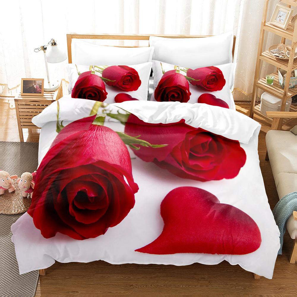 Fleur Roses, Romantique Et Festif Textile De Maison Kit De Draps Impression 3D Motif Cheveux Lisses Trois Pièces Mariage