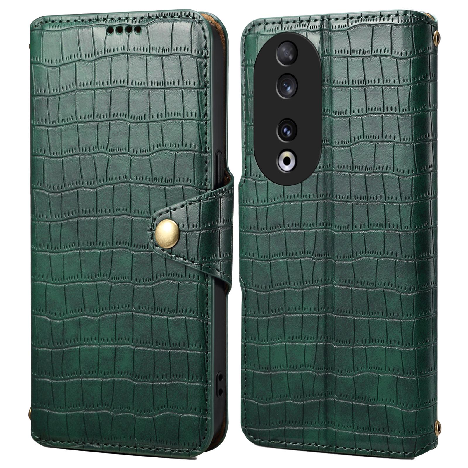 

Wallet Phone Cover for Honor 90 Leather Case with Folding Stand Crocodile Texture Green