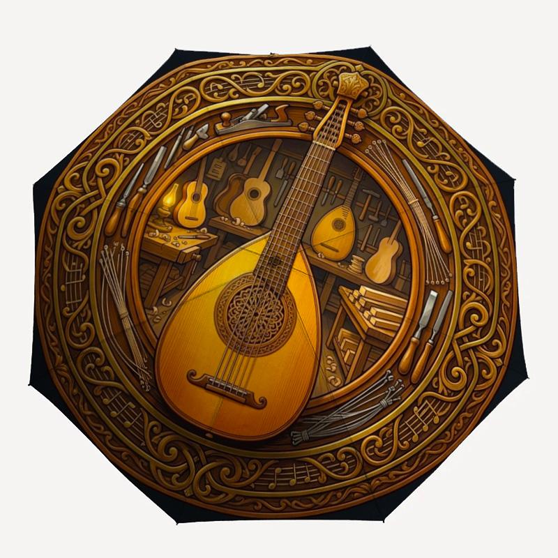 Guitar Craftsmanship Artistry pattern umbrella, portable and foldable design, 8 ribs, a casual accessory for Halloween, Christmas, and birthday gifts.