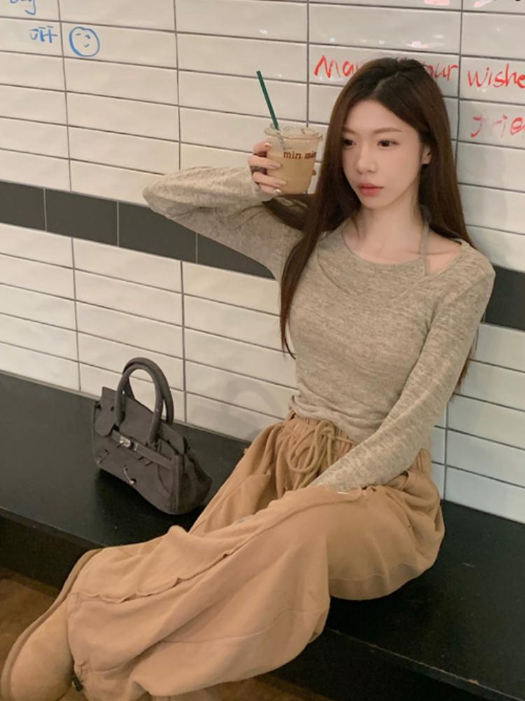 Sweet Hanging Neck Fake Two Pieces Tops Women Korean Chic Bottoming Slim T-Shirt Harajuku Fashion Casual Clothes Autumn 2024 New
