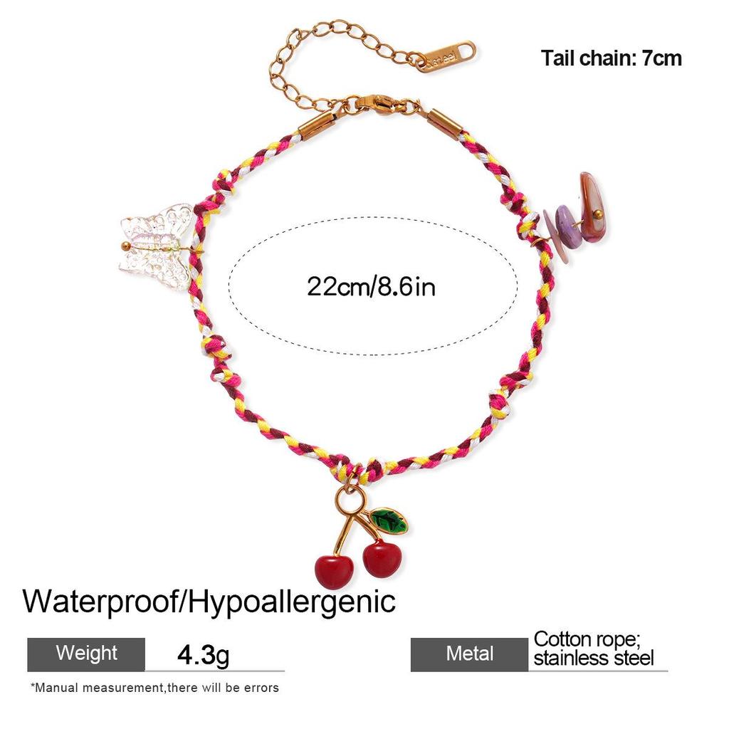 Stainless Steel Cherry & Butterfly Tassel Bracelet - Fashionable, Sweet, and Unique Design