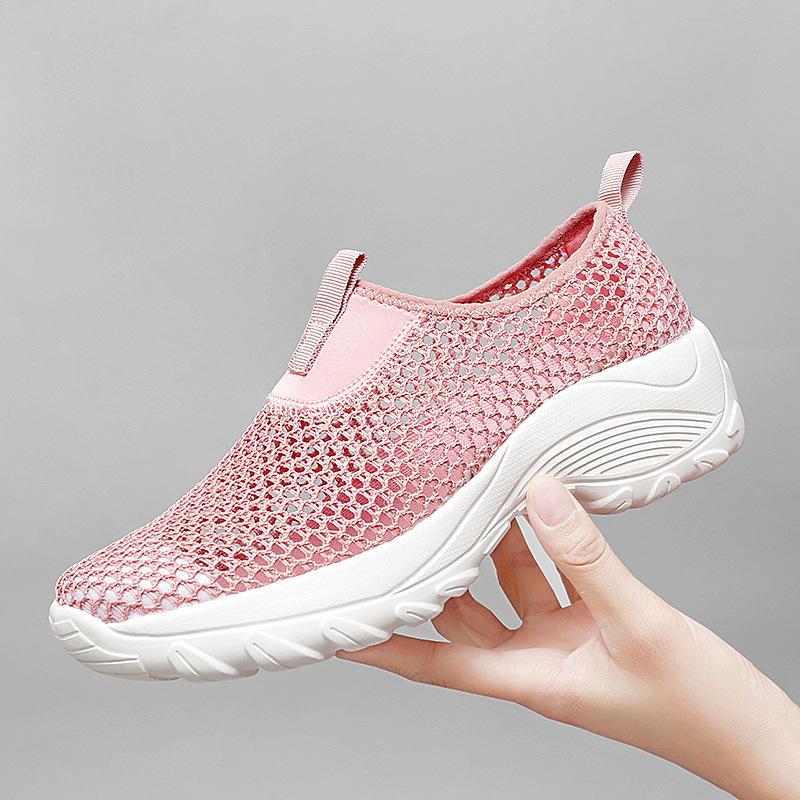 Große Größe Frühling und Sommer Fliegenstrick Damen Schuhe Mode Ein-Pedal Mesh Atmungsaktiv Wanderschuhe Freizeitschuhe Damen