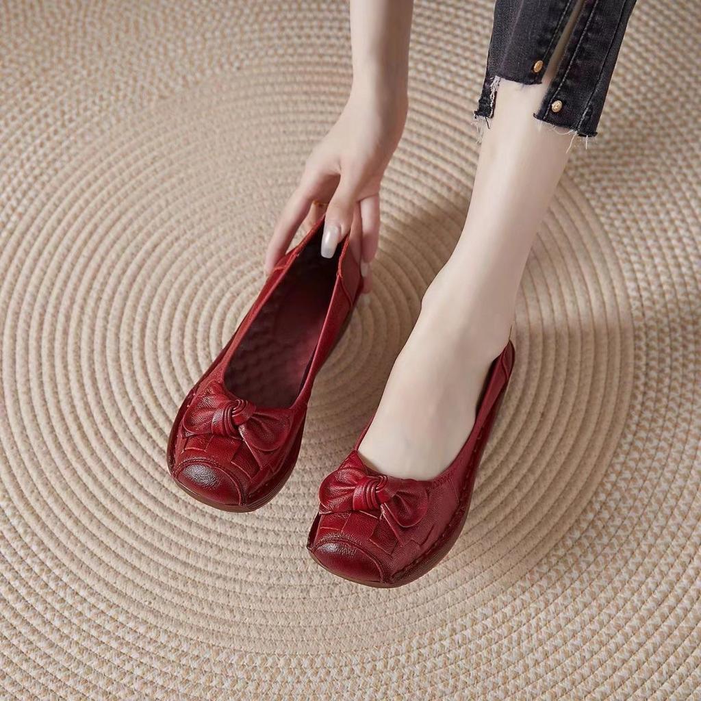 New Cowhide Slope Heel Women's Shoes Comfort Mother's Shoes Soft Sole Genuine Leather Shallow Mouth Flat Women's Shoes
