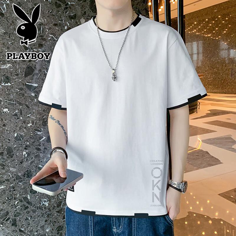 PLAYBOY Men's Summer Loose Fit Fake Two-Piece Short Sleeve T-Shirt