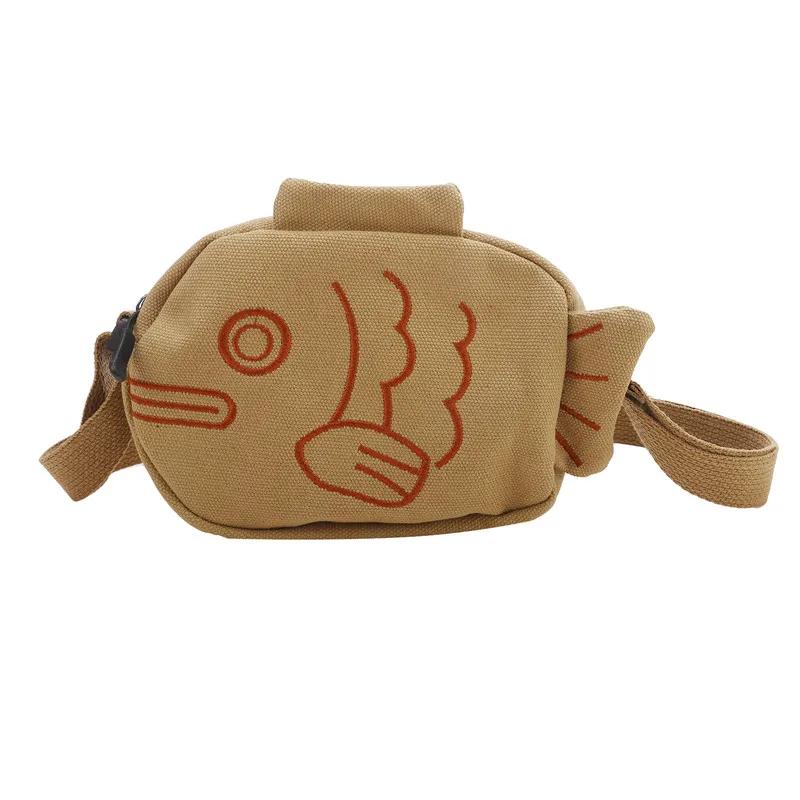 Fish Shape Canvas Messenger Bag Fashion Cute Embroidery Portable Zippered Small Purses Handbags Mini Crossbody Bag