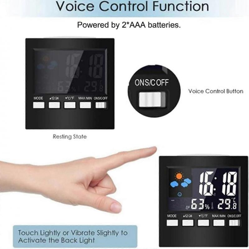 Cute Little Digital Alarm Clock Weather Bedside Clocks Time Temperature Humidity 12/24H for Home Bedroom Office
