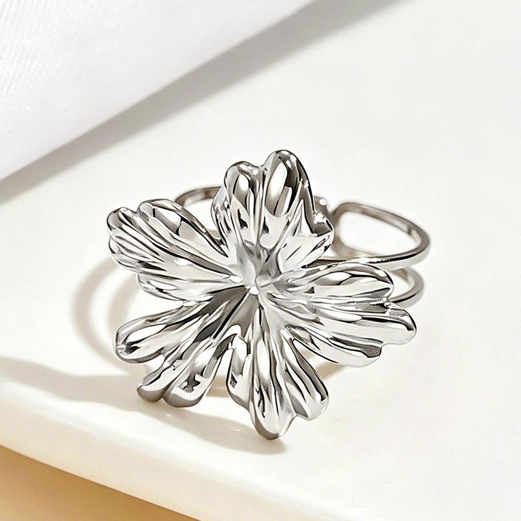 Stainless Steel Open Finger Ring with 18K Gold Flower Design