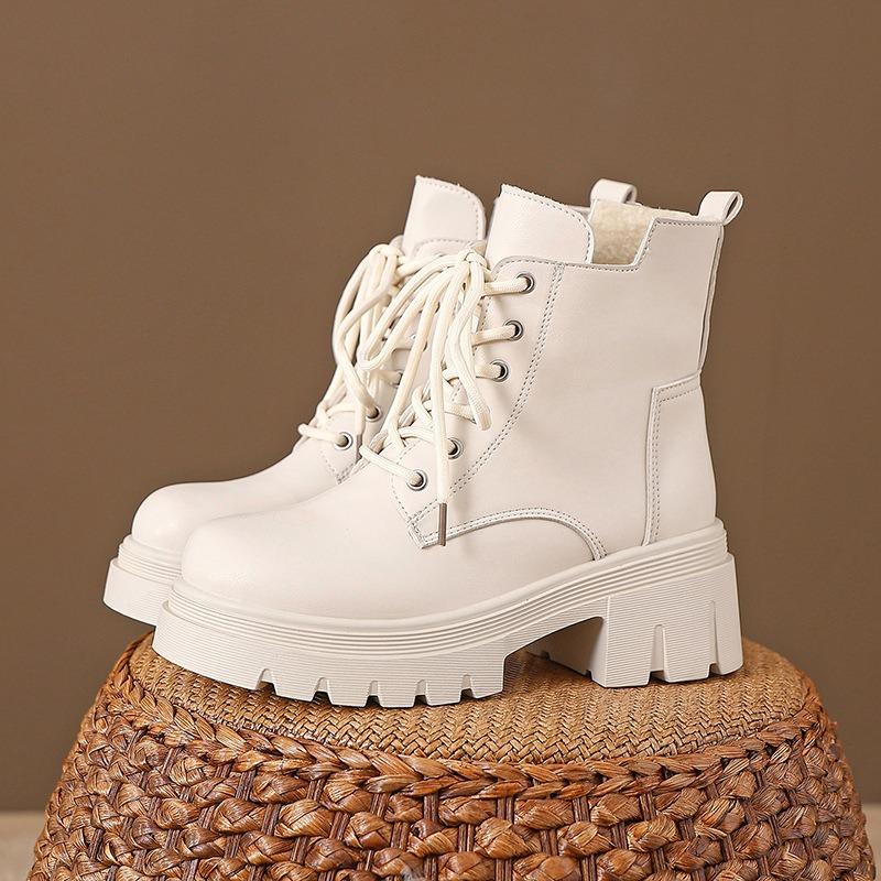 Thick-soled Martin boots for women, autumn and winter velvet versatile short boots, side zipper lace-up cotton boots